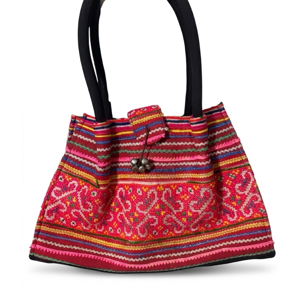 Handmade VTG Hmong Hill Embroidered Tote Boho Tribal Charm Accent Shoulder Bag